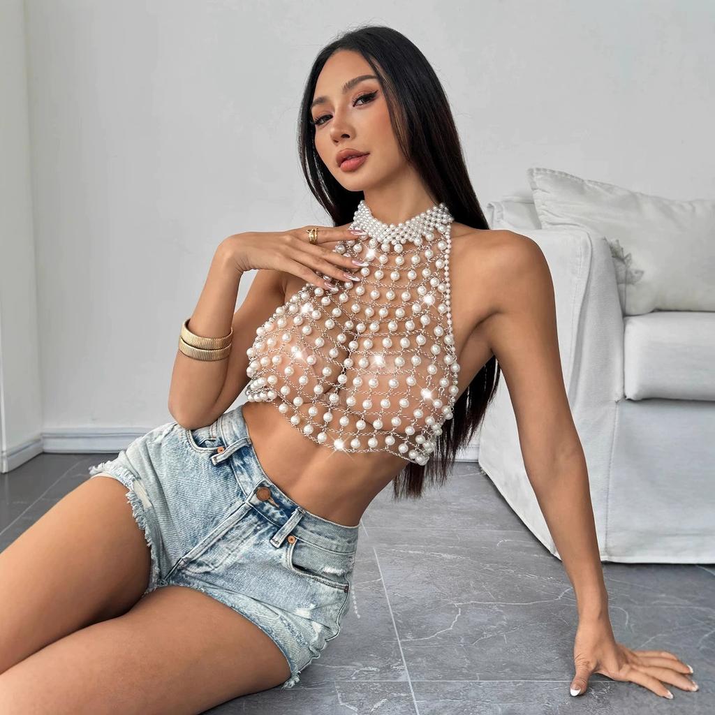 Sex02 Sexy Exaggerated Pearl Fringe Body Jewelry Engagement New Trendy Hot Fashion Luxury Street Style Bra Top Necklace for Gift