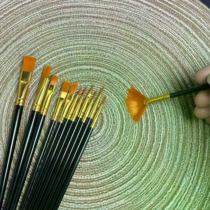Künstler-Nylon-Flachpinsel-Set 12 Stück Borsten-Aquarellpinsel für Öl-Acrylmalerei Kunstwerkzeuge für Schule und Atelier
