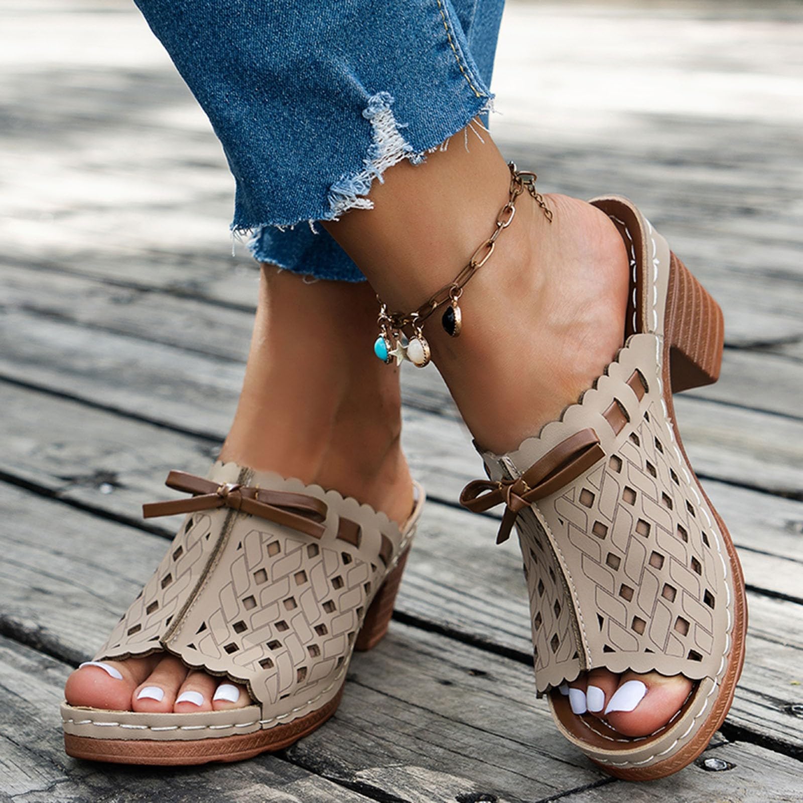 Woven Hollow Out Block Heel Open Toe Slide Sandals Breathable Slip On Casual Work Shoes for Women Comfortable Fit 36 хаки
