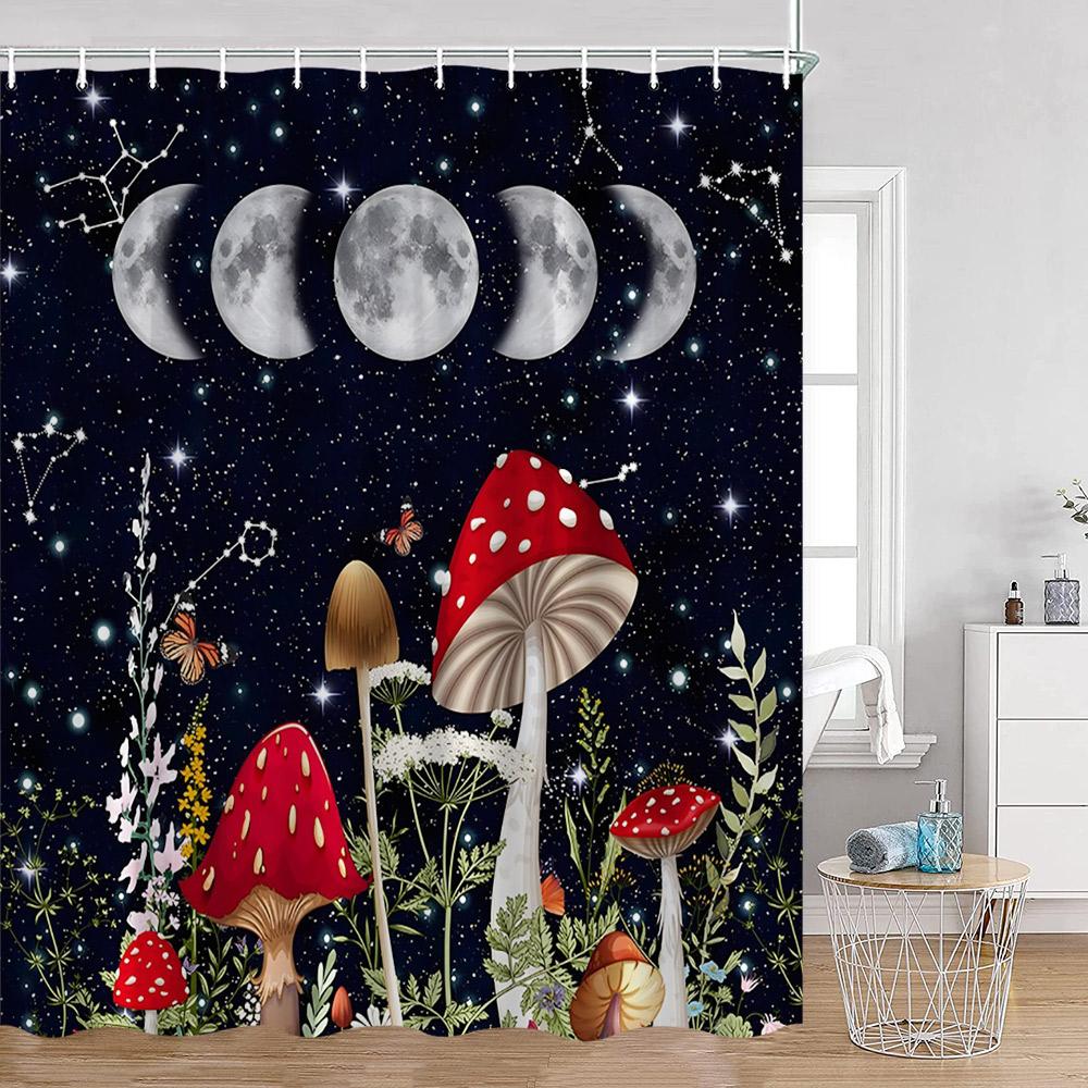 Vintage Mushroom Shower Curtain Astrology Magic Starry Night Flower Frog Mandala Dark Bathroom Curtain Plant Home Decor for Bath