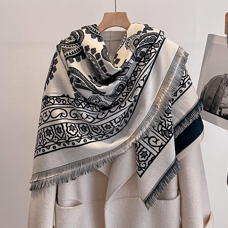Écharpe de Luxe en Cachemire d'Hiver pour Femmes - Châle à Franges et Imprimé Grille, Chaud Wrap Pashmina & Poncho Foulard gray