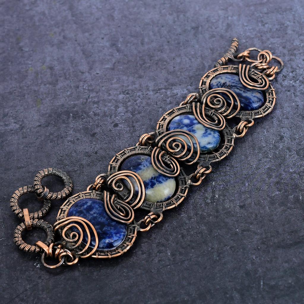 Sodalite Gemstone Handmade Copper Wire Wrap Bracelet 7-8" F4T89