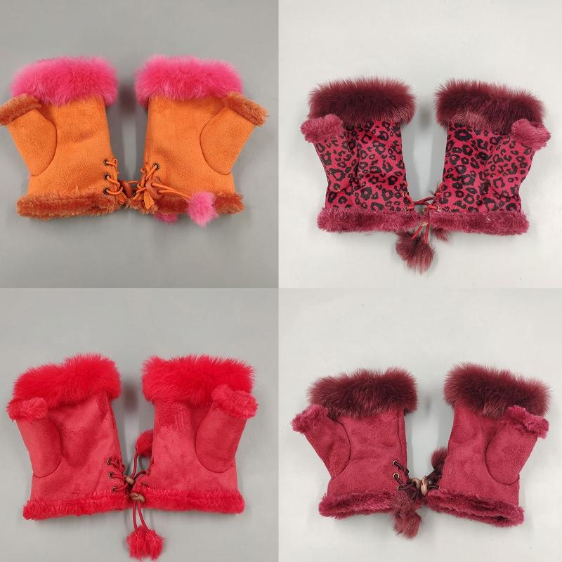 Half Finger Gloves Faux Rabbit Fur Gloves Fleece Lined Warm Gloves Solid Color Winter Thick Gloves Fingerless Mittens
