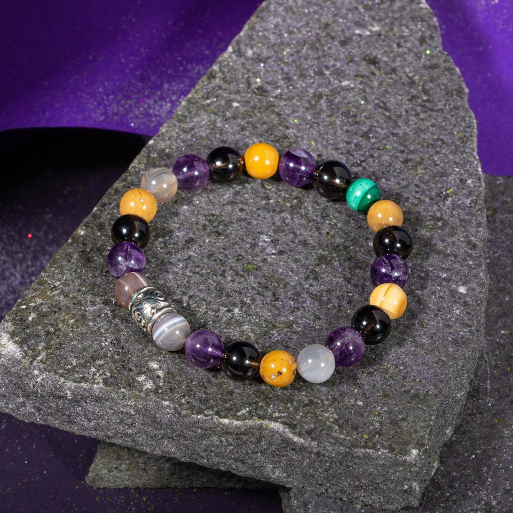 Bransoletka Koziorożec Kwarc dymny, Tygrysie oko, Czerwony Agat, Różowy Kwarc, Selenit