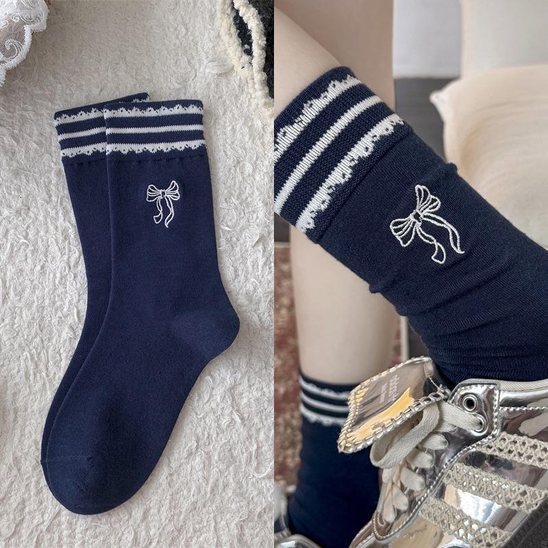 Bow Embroidered Socks Striped Lace Sweet Mid-Leg Socks Worn Outside Lace Pile Socks
