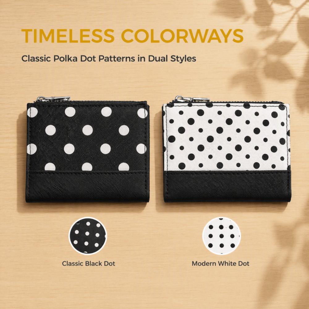 Zipper Closure Short Card Holder Multi Slot Small Coin Purse PU Polka Dot Pattern Wallets Office