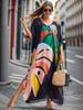 EDOLYNSA Různobarevné Kaftan Bohemian Potištěné Maxi šaty Batwing Sleeve Sleeve Sleeve Women Dámské plážové oblečení Polorukáv Maxi šaty Robe Q1342