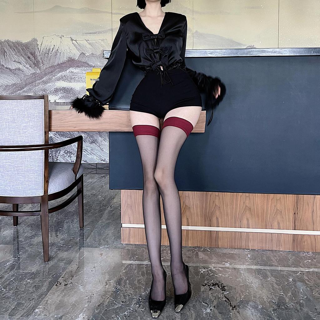 Nunnally Sexy Red Over-the-Knee Black Silk Stockings with Red Edge, Super Thin Fishnet, Silicone Grip -- Perfect for Christmas!