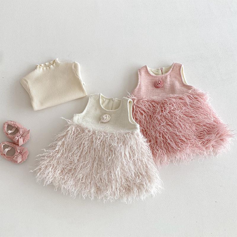 2025 New Winter Little Girls' French Chic Fleece-Lined Sleeveless Princess Dress