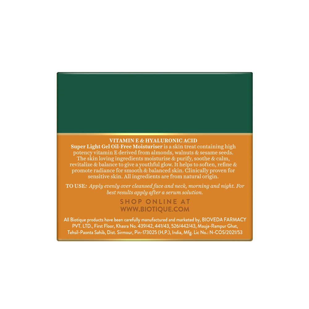 Biotique Nawilżający krem żelowy z witaminą E i kwasem hialuronowym 175g Beztłuszczowy krem żelowy dla nawilżonej, promiennej skóry Wszystkie typy skóry