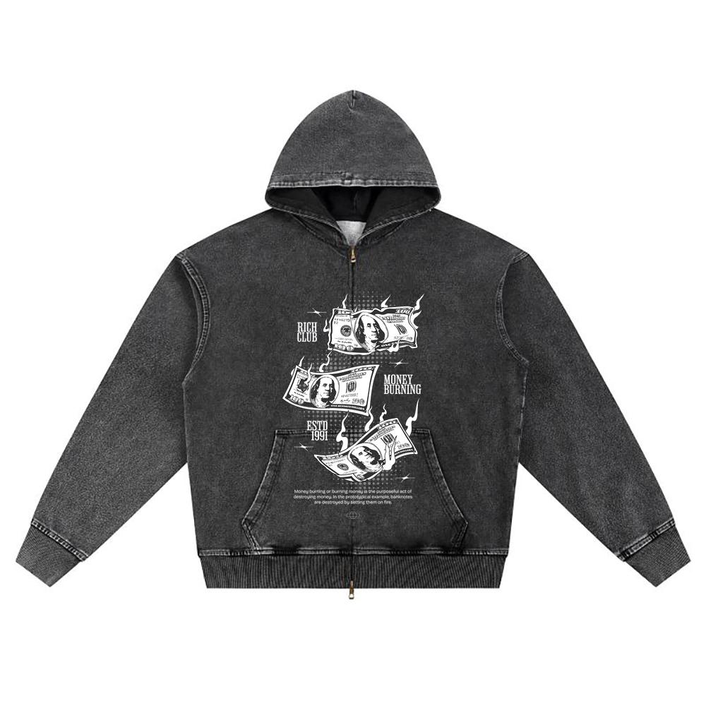 DTG print Knitted Denim Zip-Up Hoodie Money Burning Brother Print Zipper Hoodies  