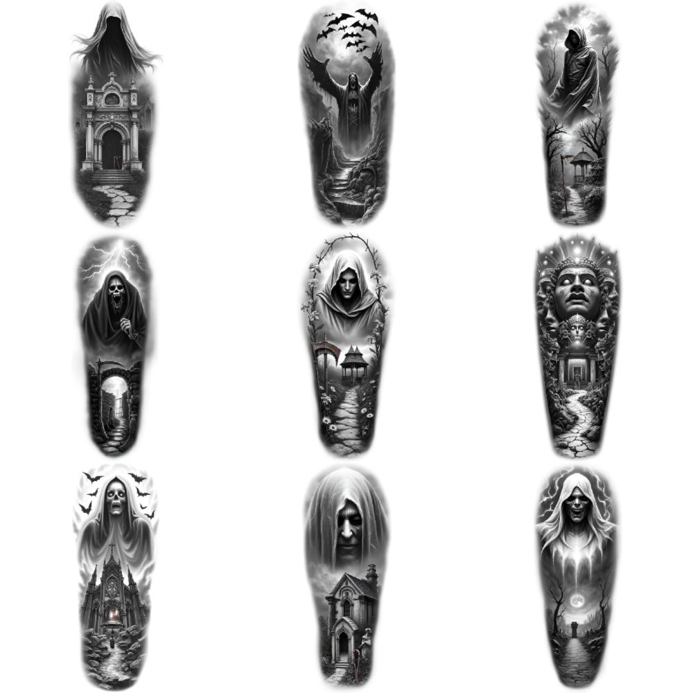 3pcs Temporary Tattoo Black And Grey Realism Hooded Figure Clock Tower Tree For Adults Thighs Men