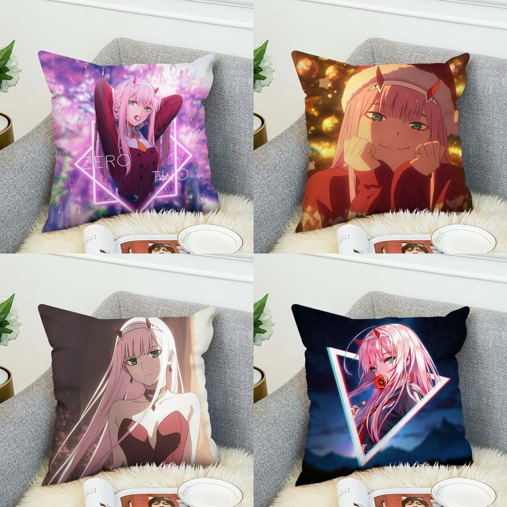 Anime Zero Two Pillow Case For Car Sofa Decorative Home Doublesided Print Plush Square Throw Pillow Cushion Cover
