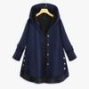 Cappotto casual da donna taglie forti con cappuccio, tasche con bottoni, maniche lunghe high-low