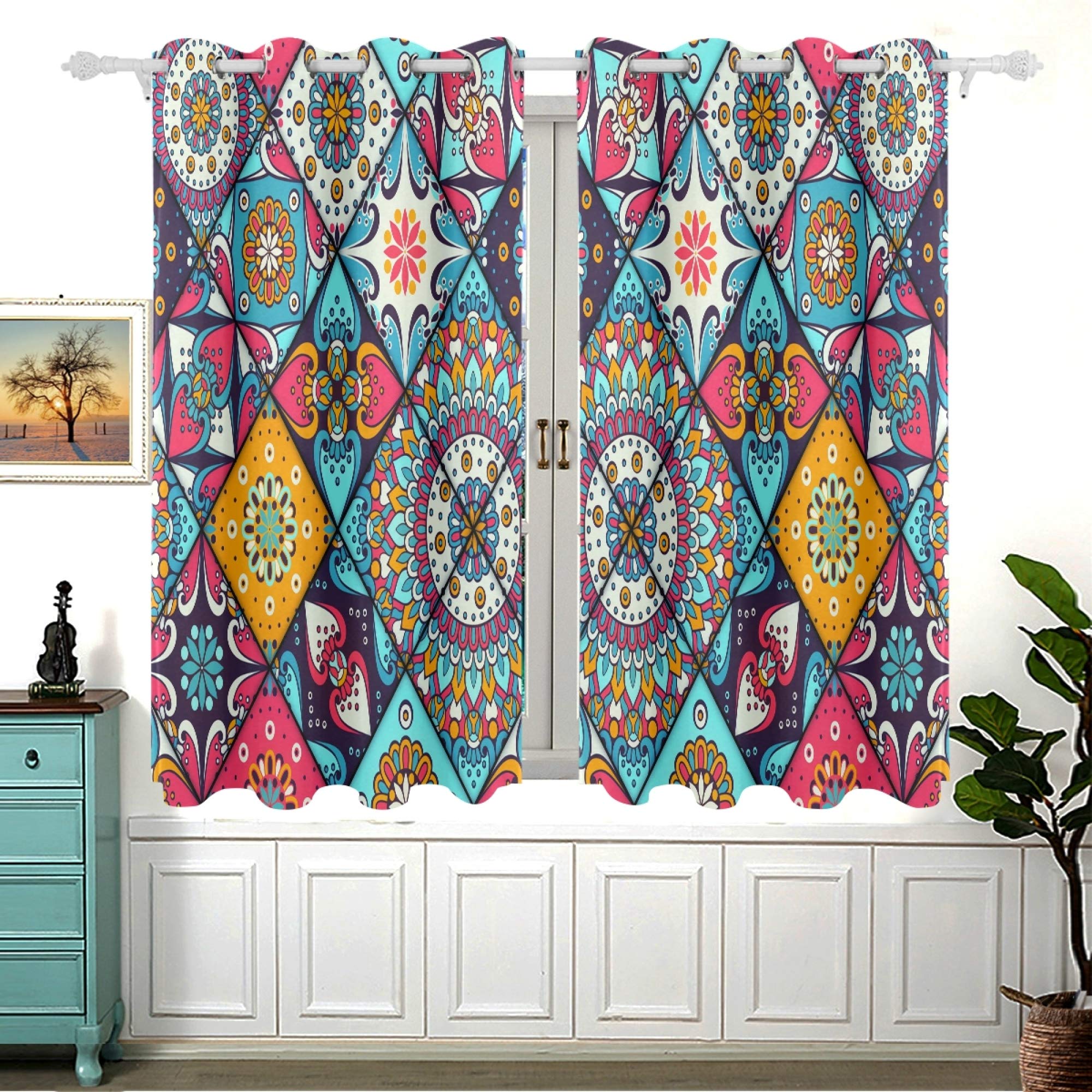 

Затемняющие шторы в индийском стиле с мандалой для спальни, богемный дизайн, теплоизоляционные шторы с высокой степенью затемнения, 2 шт. W55 X H120cm X 2&Grommet Top