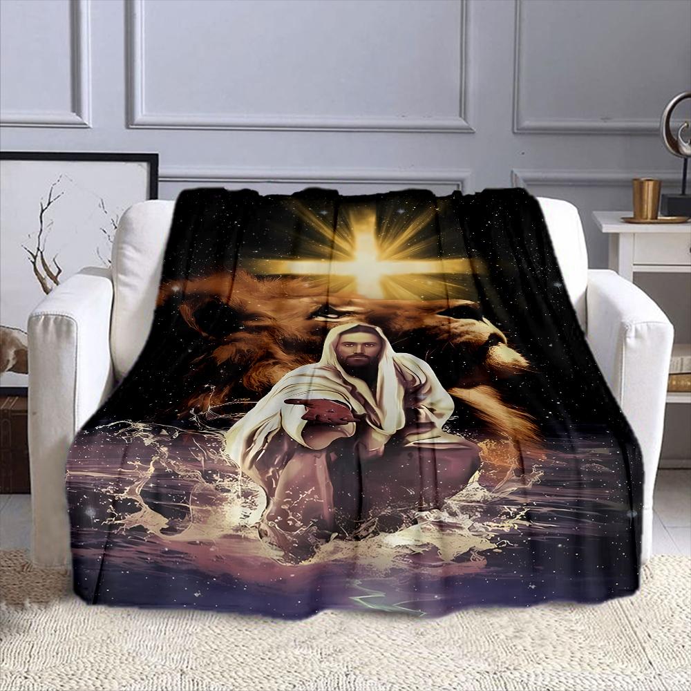 "Lion, Cross, and Sacred Figure Design" Patterned flannel blanket perfect for the bedroom living room, sofa, or a little nap