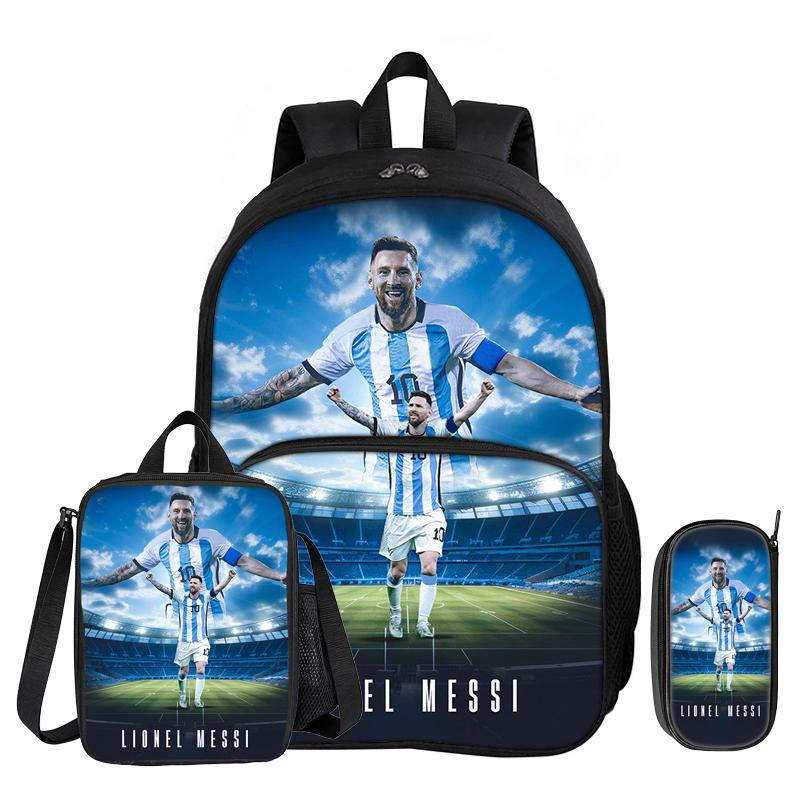 Leer, Reis Voetbalster Schooltas M-Messi 3 Delige set met Voorvak Rugzak Lunchtas, Etui, Sportrugzak