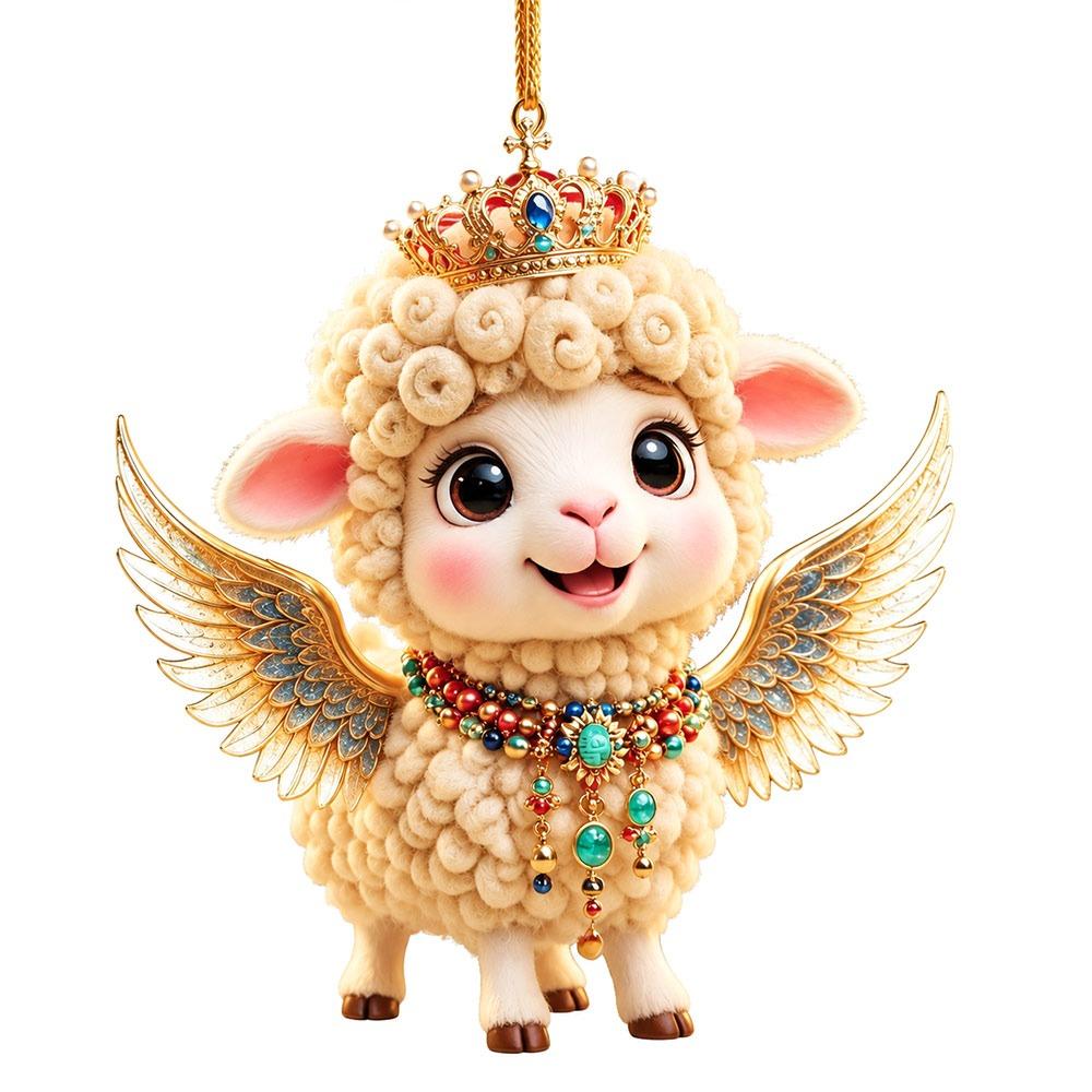 Crown Christmas Sheep Ornament 2D Acrylic Christmas Hanging Ornament  Car Rearview Mirror