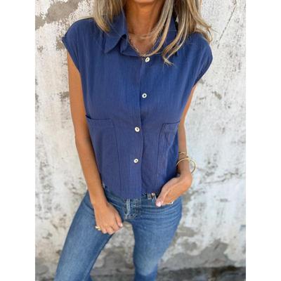 Women's Casual Summer Cotton Linen Short-Sleeve Button Pocket Shirt
