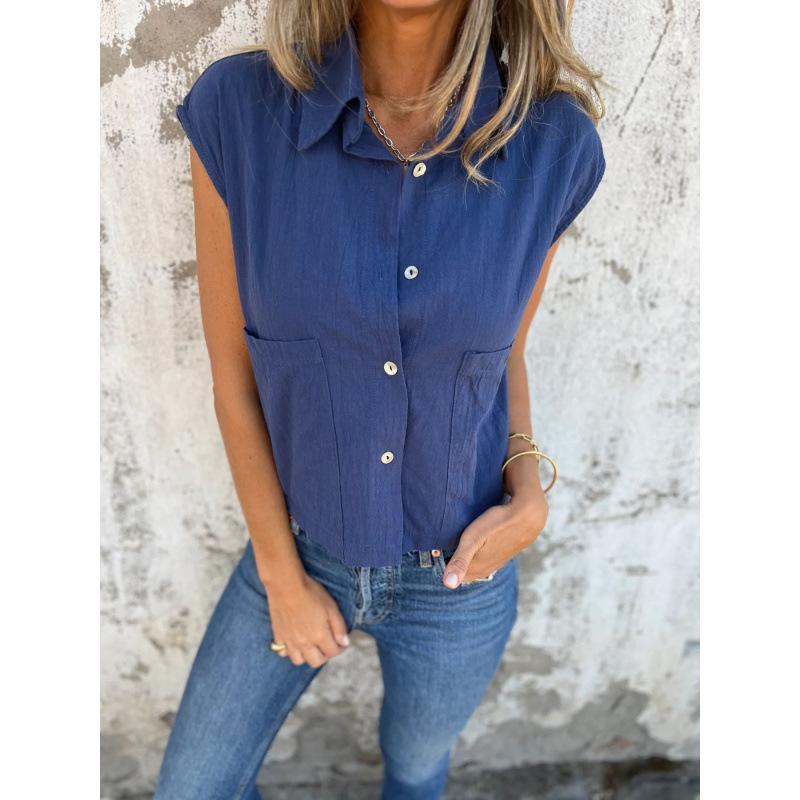Women's Casual Summer Cotton Linen Short-Sleeve Button Pocket Shirt
