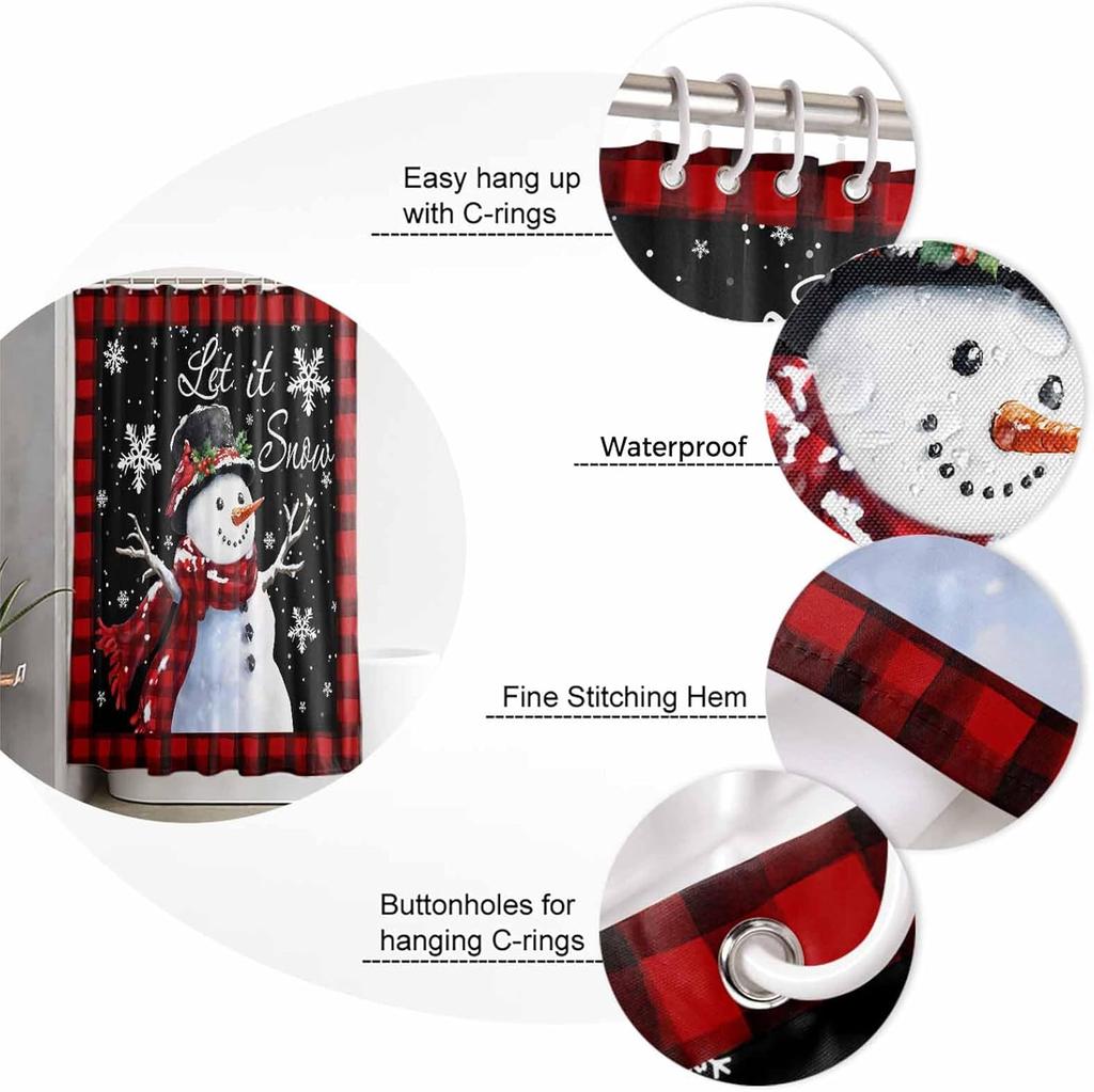 Christmas Shower Curtain Set With,Winter Snowman Snowflake Berry Red Black Grid Washable Cloth Polyester Fabric Shower+Curtain