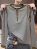 Women's Korean Style Color Block Half-Zip Long-Sleeve T-Shirt - Autumn/Winter New Design with Round Neck
