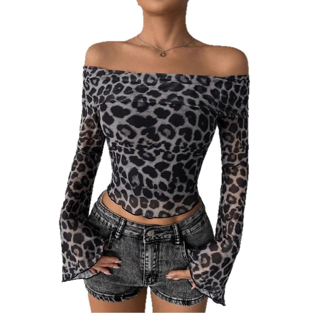 European and American Off-Shoulder Leopard Print Long-Sleeve T-Shirt for Women