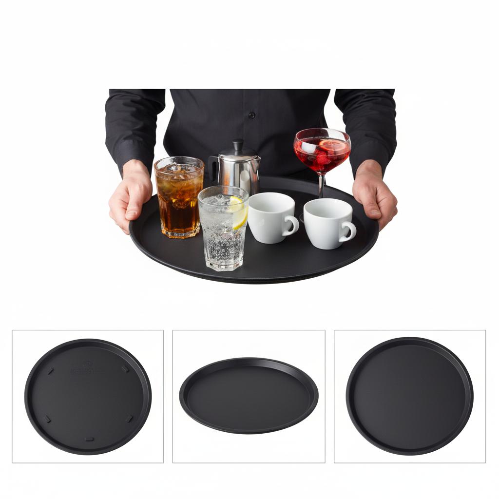 ANTI-SLIP BLACK ROUND KITCHEN SERVING TRAY 36 cm