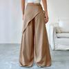 Yousheng Women Long Pants, Oversized Wide Leg Trousers with Apron Decor, Pure Color Elastic Waist Casual Pants for Daily Commuting