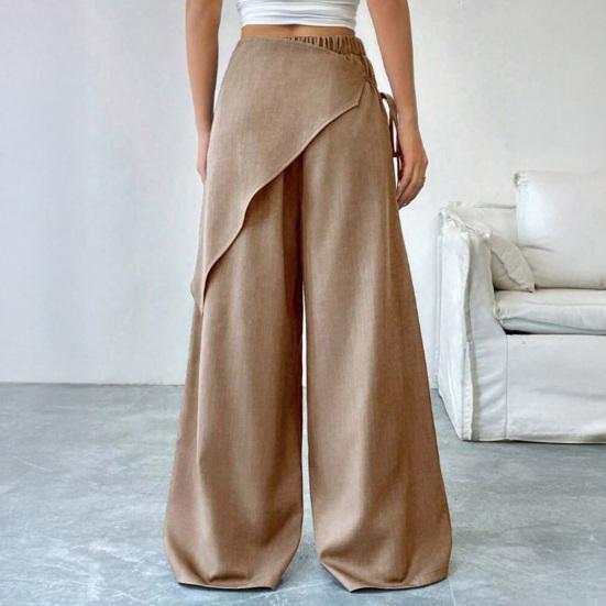 Yousheng Women Long Pants, Oversized Wide Leg Trousers with Apron Decor, Pure Color Elastic Waist Casual Pants for Daily Commuting