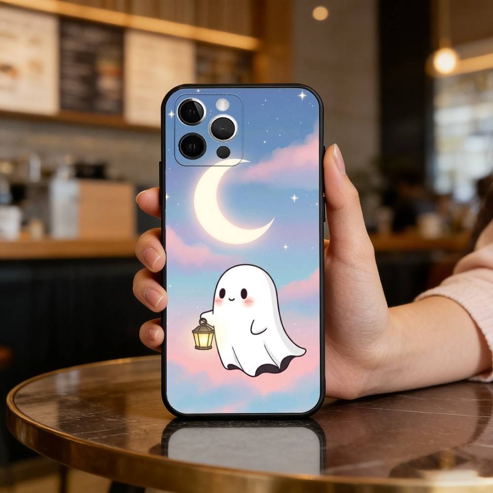 C-Cute Ghost Halloween Phone Case For iPhone 17,16,15,14,13,12,11 Plus,Pro Max,Soft Silicone Black Cover