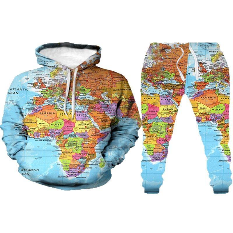 Colorful Map Print Couples Matching Hooded Sweatshirt Jogger Set Fall Casual Sportswear Men