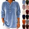 Haut Tunique Velours Femme Coupe Ample Col en V Boutonné Manches Longues