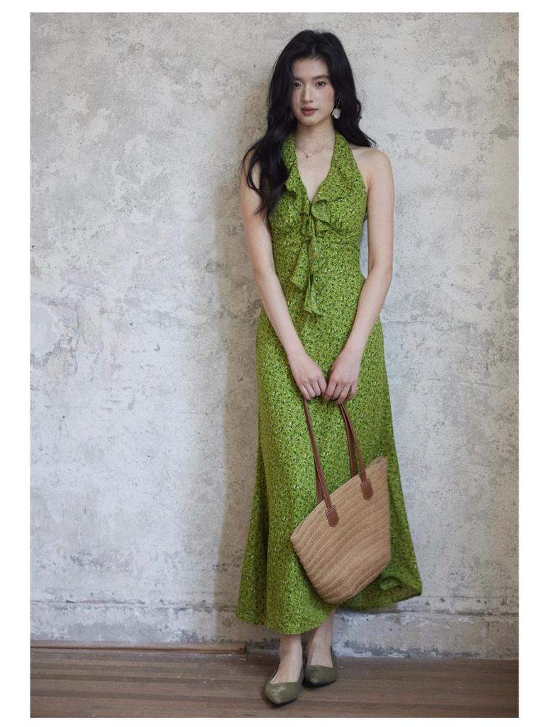 Er Yang Design French Floral Green Halter Neck Maxi Dress, V-neck Sleeveless Long Dress for Women