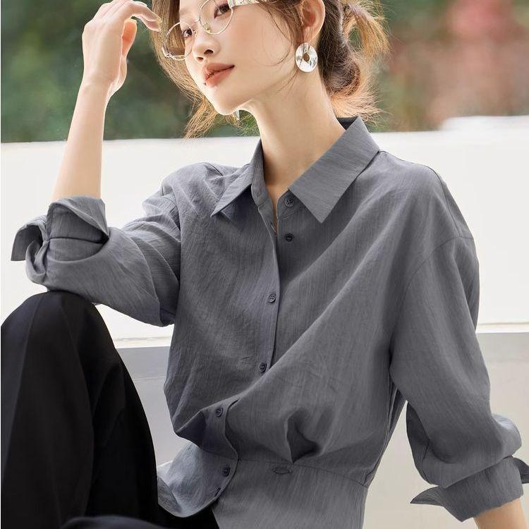 Women's Shirt Top Autumn Commuter Shirt with Waist Cinching and Slimming Effect
