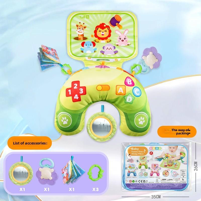 Baby Tummy Time Pillow With Fabric Mirror Book And Rattle For Sensory Development