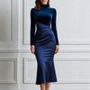 Abito da sera in velluto e raso con patchwork europeo e americano, da donna, con collo alto, maniche lunghe, vita plissettata, a coda di pesce, per banchetto