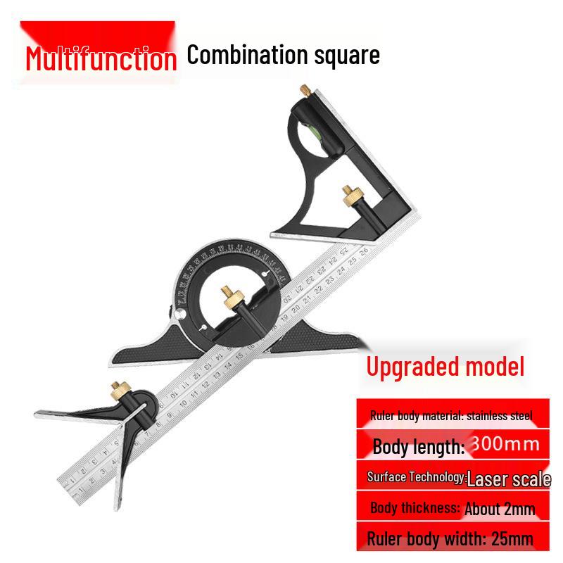 High-Precision Adjustable Stainless Steel 90-Degree Right Angle Woodworking Ruler with 45-Degree Multi-Function Combination.
