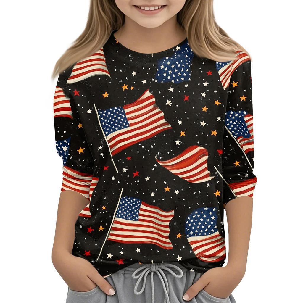 Children's Fashion Printed Round Neck Three-quarter Sleeve Top Casual T-shirt