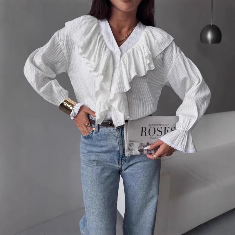 V Neck Ruffled Loose Women Shirt Fashion Long Sleeve Casual Blouse Sweet Office Tops Simple Spring Autumn Elegant Clothing