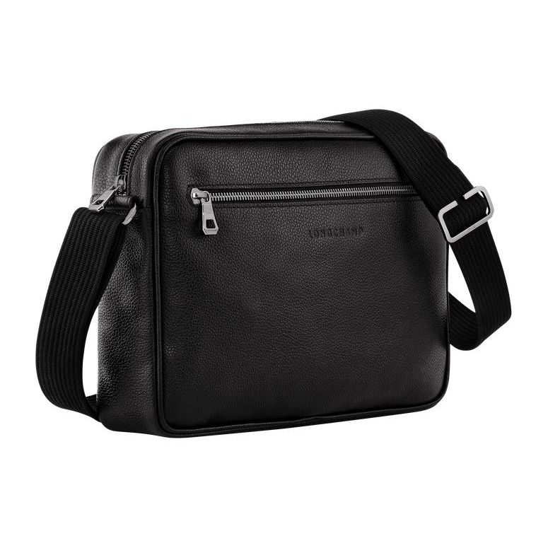 Longchamp Le Foulonné Solid Color Minimalist Embossed Logo Zipper Closure Leather Shoulder Crossbody Bag Medium Men bags Black 20044021047