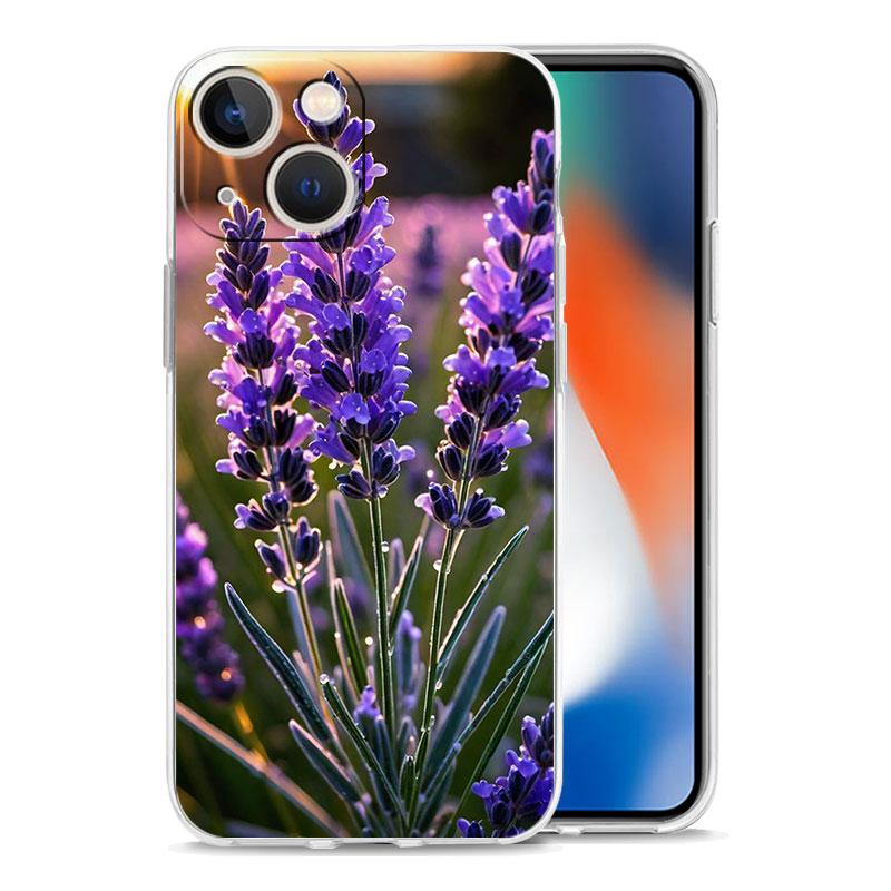 Phone Case For iPhone 16 15 14 13 12 11 Pro Max XS X XR 7 8 Plus soft Shockproof TPU Clear Cover Simple lavender Purple flowers