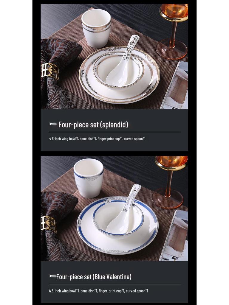 High-End Chinese Style Ceramic Tableware Set: 3-Piece or 4-Piece with Bowls, Plates, and Dishes for Restaurants and Clubs
