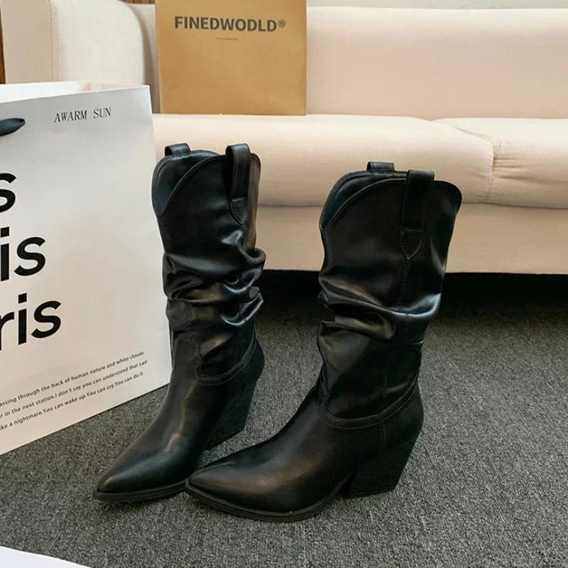 Cizme cu toc înalt pentru femei, toamnă, iarnă, maro, piele PU, occidentale, pentru femei, cu toc gros, Cowgirl Botas Mujer