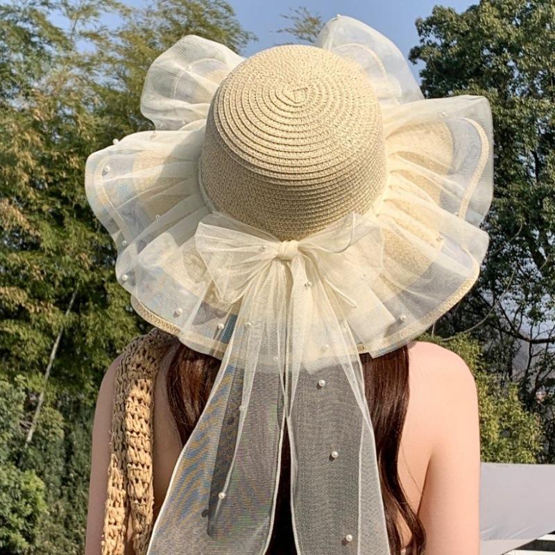 French lace bow straw hat women's summer big brim sunshade sunscreen hat seaside beach vacation sun hat