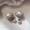 Unique Silver Diamond-encrusted Crown Pink Pearl Earrings Women's Light Luxury Niche Design Sense High-end Temperament Stud Earrings