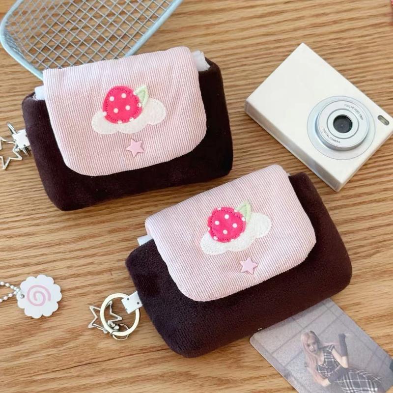 Kawaii Cartoon Strawberry Coin Purse Double Layer Durable Fabric Card Holder Mini Bag for Kids Party Favors