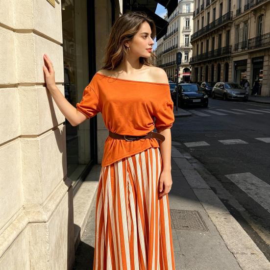 Women's Summer Vacation 2 Piece Skirt Sets Off Shoulder Short Sleeve Top And Striped Flowy Maxi Skirt Casual Travel Outfits with Belt