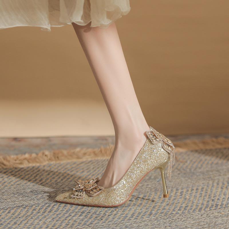 

stiletto women s shoes versatile pointed single shoes women s shoes wedding high heels not tired feet silk sequined flower shoes 40 золотий