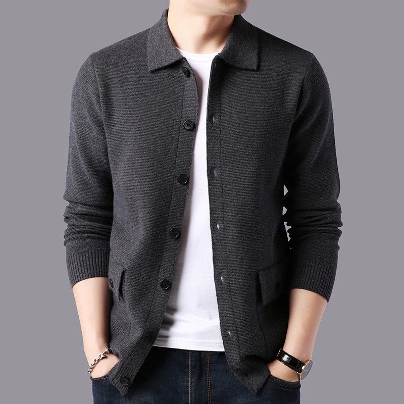 Business Casual Long-sleeved Lapel Knitted Jacket Daddy Suit Autumn and Winter Thickened Warm Cardigan Sweater Men